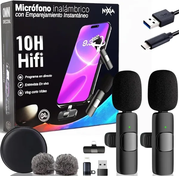 Micrófonos inalámbricos Nyxia® 2x | Reducción de ruido | Plug&Play para iPhone Android iPad PC | Pro
