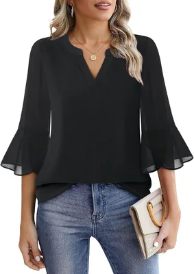 VALOLIA Women's 3/4 Sleeve Chiffon Blouse, Floral Print V-Neck