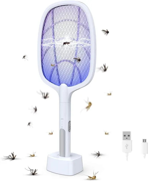 Mosquito Killer Stainless Bat Uv Light Lamp Five Nights Mosquito Killer Autokill 2 in 1 Mosquito Racket 1200Mah Rechargeable Battery Handheld Electric Fly Swatter Easy for Home