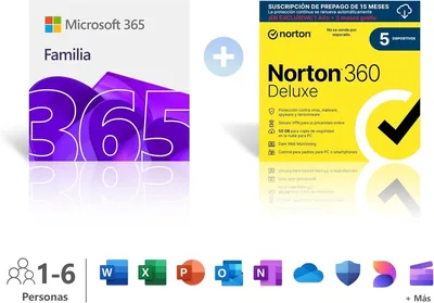 Microsoft 365 Familia │ 12 meses │ 6 usuarios │ 6 TB almacenamiento Onedrive │ Apps Office con IA + Norton 360 Deluxe