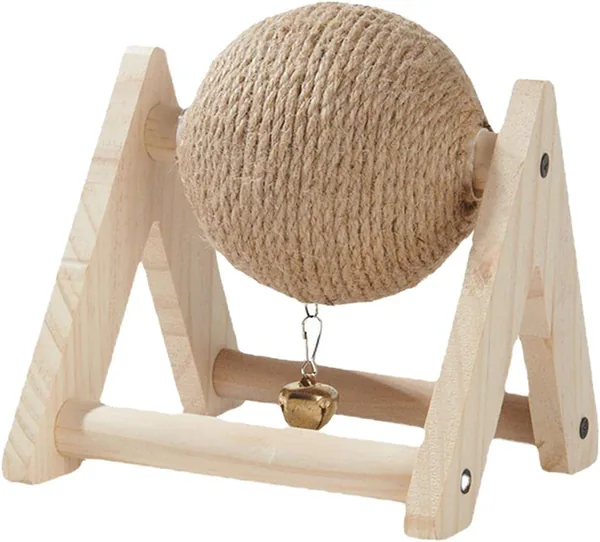 Balón de Arañazo Sisal Resistente para Conejos, Estand de Madera Compacto con Campana para Estimular el Juego y Afilar