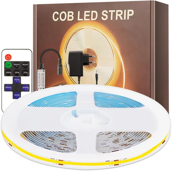PSTAR COB LED Strip 6M, 24V Blanco Cálido 2700K, con Alimentación y Control Remoto RF, 320LED/M Brillo Cortable Flexible - 10% de Descuento
