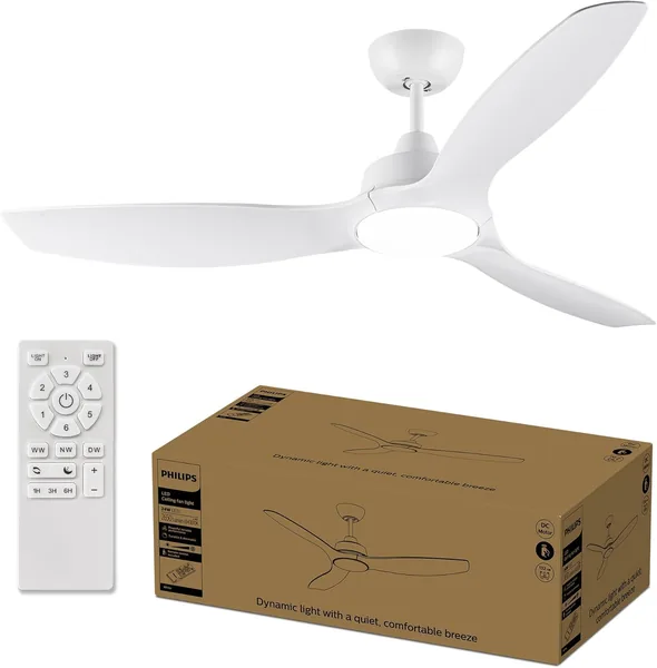 Philips fixed blade fan, 3 blades, large (52"), 28W LED lighting, DC motor, color temperature range 
