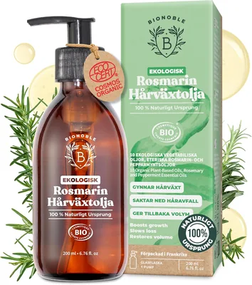 BIONOBLE Organisk Rosmarinolja för Hår - Förstärker Växten & Minskar Hårvärdet - Rosmarinessentiell Olja, Ricin, Argan och Jojo - 10ml