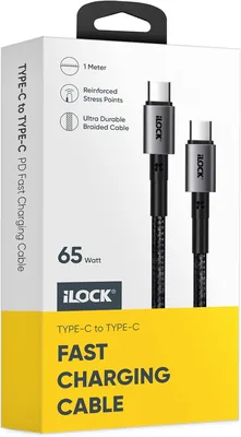 كابل شحن iLOCK USB-C إلى Type-C | 1 متر | كابل متين محاكٍ من الألياف | شحن سريع 65 واط (Type C إلى Type C) | أفضل صفقة