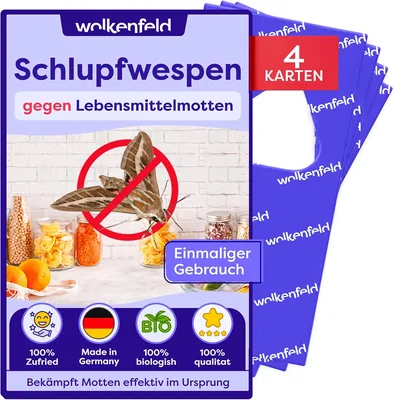 Wolkenfeld Ichneumon Wespen gegen Lebensmittelmotten - 4 Karten mit 1 Lieferung - Effektiv & chemiefreie Mottenbekämpfung - Natürl. Al