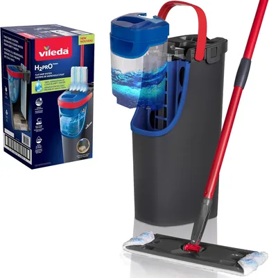 Sistema Vileda H2Pro Flat Mop | Agua Limpia y Sucia Separada | Un Mano Girado | Almacenamiento Compacto | Gris y Azul Microfibra