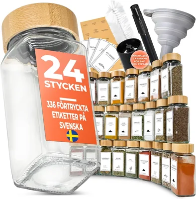 Comforder - Glass Spice Jars med Woodna Lids - 336 Svensk Etiketter - 24 Paket - 120 ml - Med Accessori (Bamboo) - 14% Off