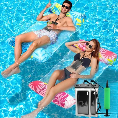 Amaca da Piscina 4 in 1, Amaca Inflatabile da Spiaggia, 2 Pezzi Amaca da Spiaggia, Tappetino Galleggiante con Rete per Vacanze in Spiaggia