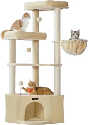 Feandrea PCT009Y01 Arbre à Chat, 48.5 x 48.5 x 141 cm, Tour de Jeu pour Chats avec Enclos, Plateformes Élevées, Boules Plush, Hamac, Beige