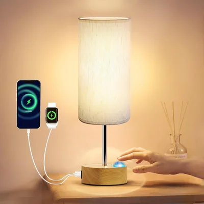 KPQ Touch Control Table Lamp with USB A+C Charging Ports 3-Way Dimmable Nightstand Lamp with Linen F