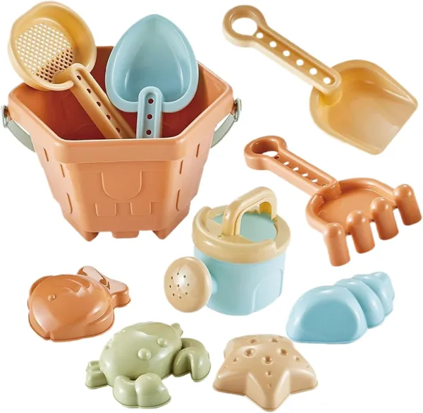 Beach Toys, 10Pcs Collapsible Sand Bucket & Shovels Set with Mesh Bag & Sand Molds