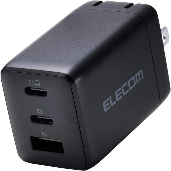 Elecom Charger, Total 65W, 3 Ports, Type-C USB-A, USB PD Compatible, Swing-Type Plug, Black