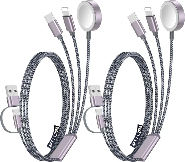 2Pack Multi Charging Cable Cord for Travel Vacation Essentials,Apple Watch Charger,iPhone 17 Charger,[3-in-2] USB A/Type C/Lightning Cable for iWatch,iPhone 17-11,Xbox Series X&S,A