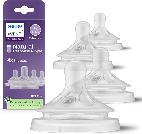 Philips Avent Natural Response Nipples, Extra Fast Flow (Flow 5), 6m+, 4-pack, SCY965/44
