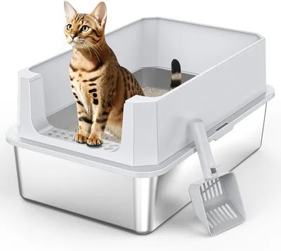 Mixjoy  Poubelle pour Chat en Acier Inoxydable XL 28L, Étanche avec Bordures Élevées, Conception Ouverte Facile à Nettoyer avec Cuillère