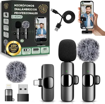 PACK PRO 2 Pcs Microfono Inalámbrico para iPhone, iPad, Android, PC con USB-C, Micrófonos de Lapela con Clip, para Grabación de Video