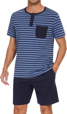 Leversic Homme Pyjama Été 2 Pièces en Coton avec T-shirt à Manches Courtes Rayé et Shorts avec Poches - Meilleur Prix
