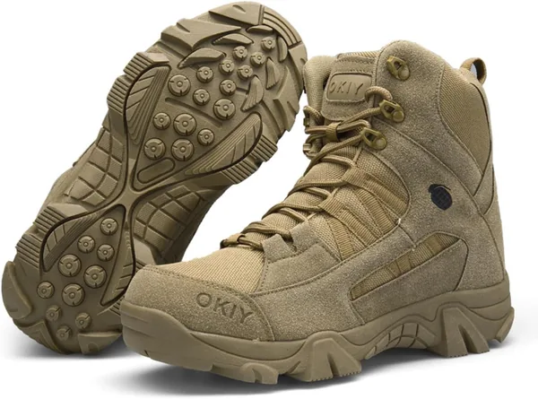 PKIMKM Tactical Military Combat Boots, High-Top Suede Leather, Desert Tan, Outdoor Hiking (Brown,11)