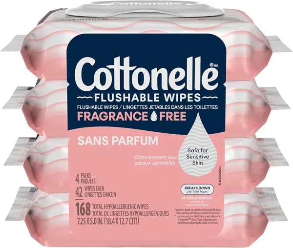 Cottonelle Fragrance Free Flushable Wet Wipes, Adult Wet Wipes, 4 Flip-Top Packs, 42 Wipes Per Pack (168 Total Flushable Wipes)