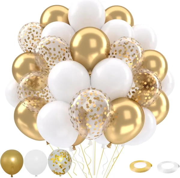White and Gold Balloons Set, 50 pcs 12 inch Metallic Gold White Gold Confetti Latex Balloons Kit for Birthday Engagement Wedding Anniversary Party Decorations