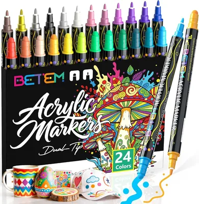 Betem 24-Farben Acrylstifte mit Doppelspitze - Hochwertige Acrylmarker für Stein, Holz, Leinwand, Felsmalerei, Glas, CE
