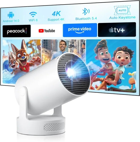 Salange Mini Projector 2026 Upgradad med Inbyggda Apps, Smart Projector Android 14 med 5W Speaker, Klein