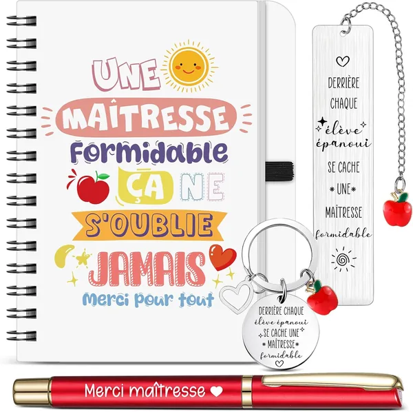 Carnet Spirale Sinmoe 4 Pièces Remerciement Professeur A6 avec Signet, Porte-Clé et Stylo Rétractable pour la Fin d'Année Scolaire - Meilleur Prix
