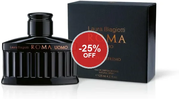 Laura Biagiotti Roma Uomo Estremo Nero Eau de Parfum Intense 125 ml - Profumo da Uomo - Fragranza Legnosa Amber Fougère - Sconto 25%