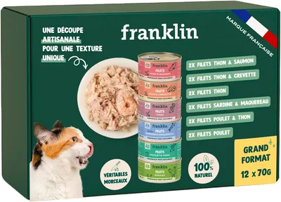 Franklin - Nourriture humide pour chat - Filets dans sauce pour chat - Pack 12x70g | Broth Fillets - 100% Naturel, Sans Additifs - Texture Appétissante