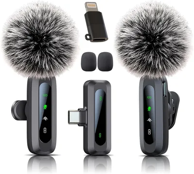 Microphone sans fil Lavalier pour iPhone et USB-C, Microphone mini avec annulation du bruit et affichage LED rotatif