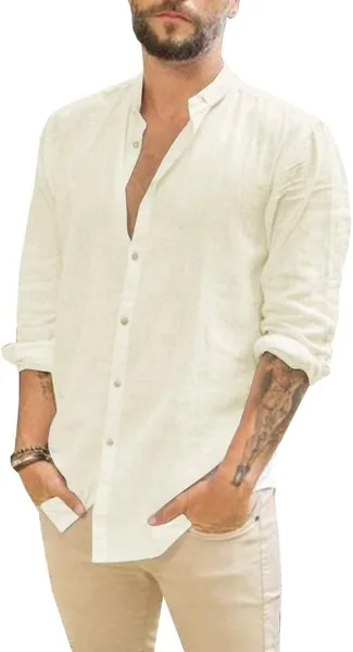 Runcati Men Linen Shirt Button Down Long Sleeve Cotton Beach Band Collar Casual Summer Shirts
