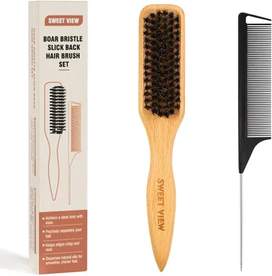 SWEET VIEW Boar Bristle Slick Back Hair Brush | Flyaways & Frizz Control