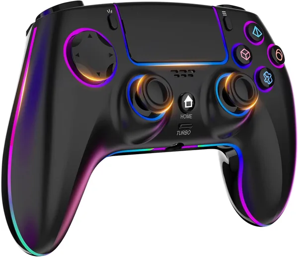 Manette Sans Fil MYSTILUCK pour PS4/PS3/Pro/PC/MAC/iOS/Android/Steam Deck, Gamepad avec éclairage RGB 7 Couleurs