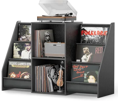 Record Player Stand with Vinyl Storage - Black