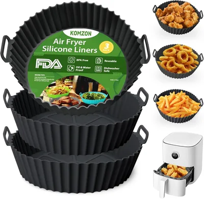 Komzon 3 Pack Air Fryer Silicone Liners, 8Inch Airfryer Liners, AirFryer Basket Liner, Reusable Food