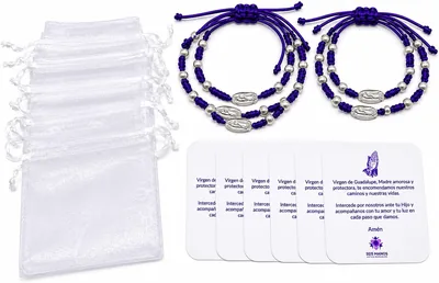 SEIS MANOS Pulseras Tejidas Virgen de Guadalupe, Set de 6 | Religiosas Ajustables, Incluye Bolsas de Organza, Incluye Oración