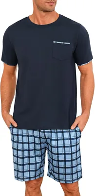 Leversic Hommes Pyjama Été 2 Pièces en Coton avec T-shirt à Manches Courtes Rayé et Shorts avec Poches - Meilleur Prix