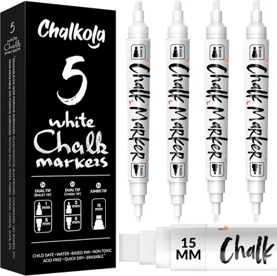 Chalkola 5 White Chalk Markers - Dual Tip (1mm, 3mm, 5mm, 15mm) | Erasable Liquid Chalk Pens
