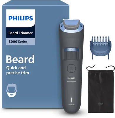 Philips Baardtrimmer 3000 Serie - Zelfscherpende messen met afgeronde uiteinden, 20 lengtestappen, Lift & Trim kombineerstuk, 100% waterdicht, B