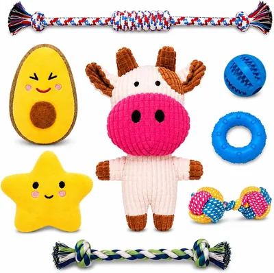 WOOF&MIAU® Pack de 8 Juguetes para Perros | Juguetes para Perros Pequeños | Juguetes Interactivos para Cachorros | Animales de Peluche, Cordones