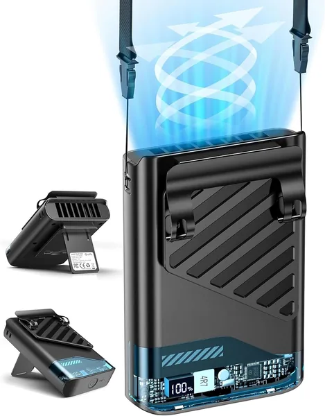 Ventilateur portable Gemmac Mini rechargeable LED - Cou et main - Bureau - 5 vitesses - Powerbank 4000mAh