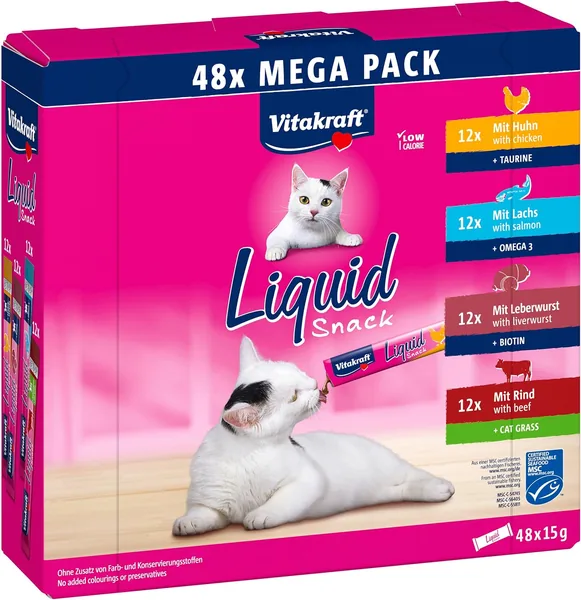 Vitakraft Liquid Cat Snack Mega Pack Creamy Beef Chicken Salmon 1 Pack (48 x 15g)