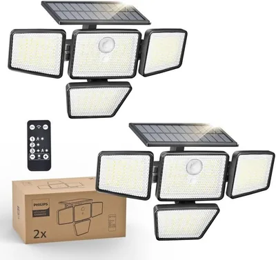 Lumière de sécurité extérieur Philips, 196 LED, capteur de mouvement PIR, 3 modes, 4 têtes ajustables, éclairage solaire puissant R
