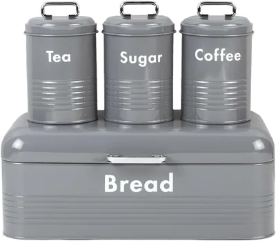 Royal Homeware 4pc Breadbin & Canister Set - Parma Collection (Gloss Grey) 24% Off