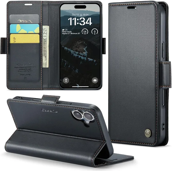 Rerzoiro Telefonhulla för iPhone 16, Premium PU-leder med RFID-blokering, Kartföljare, Magnetiskt köp, Flipbokshulla