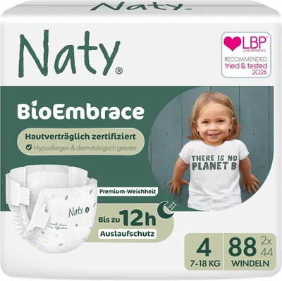 Naty BioEmbrace Baby Windeln Grösse 4 (7-18kg) 88 Stück | Hypoallergen für empfindliche Haut, bis zu 12 Stunden Schutz vor Auslaufen