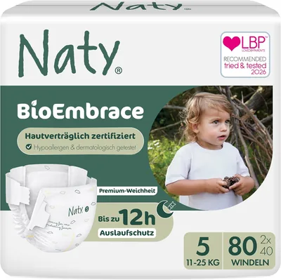 Naty BioEmbrace Baby Windeln Größe 5 (11-25kg) Packung mit 80 Stk. | Hypoallergen für empfindliche Haut, bis zu 12 Stunden Schutz vor Durchschwitzen