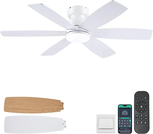 Kviflon 46" Ventilateur de plafond avec lumière, télécommande et application, profil bas intégré, 3 températures de couleur, réversible