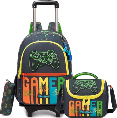 HTgroce School Bag with Wheels School Bag with Wheels for Boys - Black / Orange